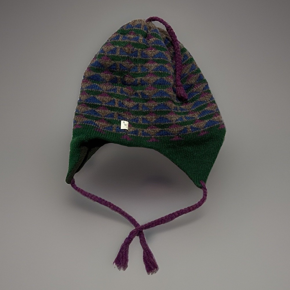 Vintage Riverwind Woolens Green Wool Polartec Liner Hand-Knit Earflap Chullo Hat